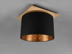 Deckenleuchte mit Stoff Lampenschirm in Schwarz/Gold und Holz Sockel, Ø 40cm