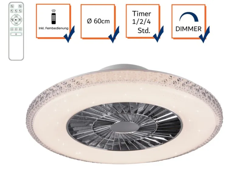 Deckenleuchte mit Ventilator dimmbar Fernbedienung & Wandhalterung Ø60cm