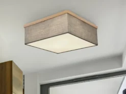 Deckenleuchte OSSI mit Stoff Lampenschirm und Holzoptik, Quadrat 40cm