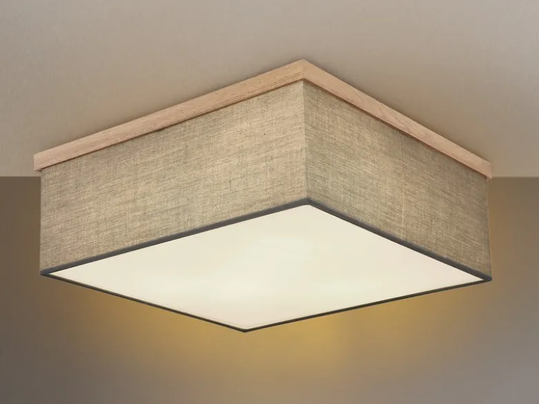 Deckenleuchte OSSI mit Stoff Lampenschirm und Holzoptik, Quadrat 40cm