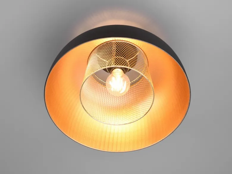 Deckenleuchte PUNCH Metall Schwarz Gold mit Drahtgeflecht, Ø 35cm