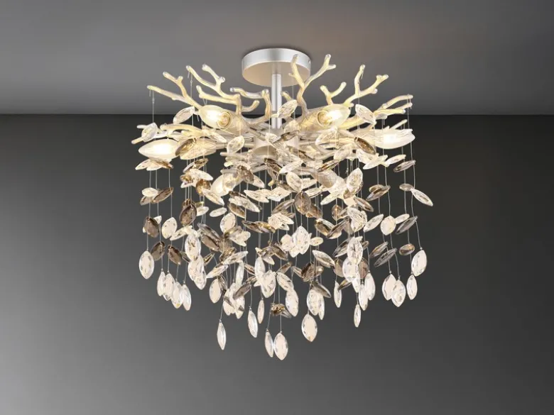 Deckenleuchte QUEENA Silber 6-flammig Glas Kristall 2-farbig Ø 50cm