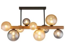 Deckenleuchte RIHA aus Holz 9-flammig Glaskugeln Rauchglas & Bernstein, B: 78cm