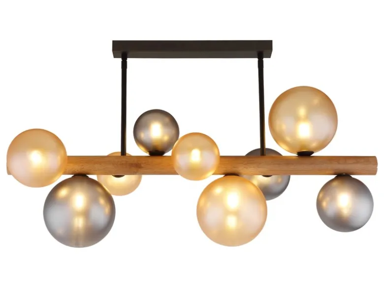 Deckenleuchte RIHA aus Holz 9-flammig Glaskugeln Rauchglas & Bernstein, B: 78cm