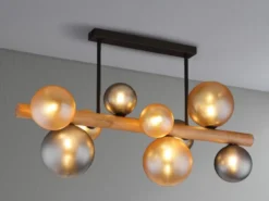Deckenleuchte RIHA aus Holz 9-flammig Glaskugeln Rauchglas & Bernstein, B: 78cm