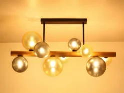 Deckenleuchte RIHA aus Holz 9-flammig Glaskugeln Rauchglas & Bernstein, B: 78cm