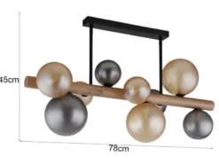 Deckenleuchte RIHA aus Holz 9-flammig Glaskugeln Rauchglas & Bernstein, B: 78cm