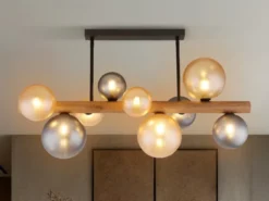 Deckenleuchte RIHA aus Holz 9-flammig Glaskugeln Rauchglas & Bernstein, B: 78cm