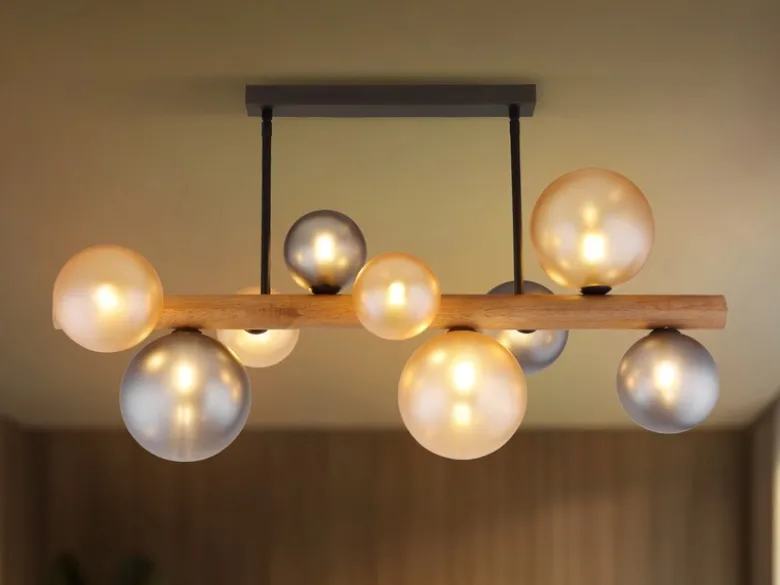 Deckenleuchte RIHA aus Holz 9-flammig Glaskugeln Rauchglas & Bernstein, B: 78cm