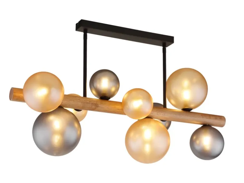 Deckenleuchte RIHA aus Holz 9-flammig Glaskugeln Rauchglas & Bernstein, B: 78cm