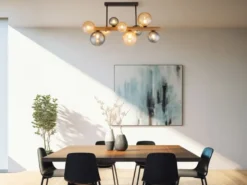 Deckenleuchte RIHA aus Holz 9-flammig Glaskugeln Rauchglas & Bernstein, B: 78cm