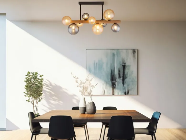 Deckenleuchte RIHA aus Holz 9-flammig Glaskugeln Rauchglas & Bernstein, B: 78cm