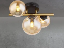 Deckenleuchte RIHA Messing-Schwarz 3-flammig mit Glaskugeln Bernstein, B: 28cm