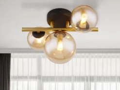 Deckenleuchte RIHA Messing-Schwarz 3-flammig mit Glaskugeln Bernstein, B: 28cm
