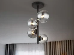 Deckenleuchte RIHA Schwarz 4-flammig mit Glaskugeln Rauchglas, Höhe 40cm