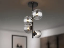 Deckenleuchte RIHA Schwarz 4-flammig mit Glaskugeln Rauchglas, Höhe 40cm