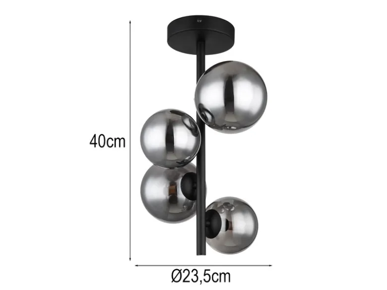 Deckenleuchte RIHA Schwarz 4-flammig mit Glaskugeln Rauchglas, Höhe 40cm