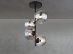 Deckenleuchte RIHA Schwarz 4-flammig mit Glaskugeln Rauchglas, Höhe 40cm