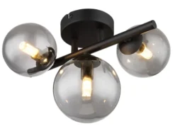 Deckenleuchte RIHA Schwarz 3-flammig mit Glaskugeln Rauchglas, Breite 28cm