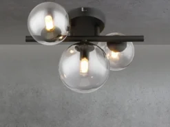 Deckenleuchte RIHA Schwarz 3-flammig mit Glaskugeln Rauchglas, Breite 28cm