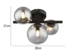 Deckenleuchte RIHA Schwarz 3-flammig mit Glaskugeln Rauchglas, Breite 28cm