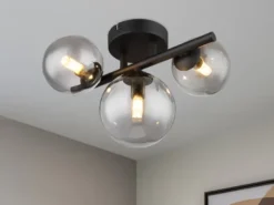 Deckenleuchte RIHA Schwarz 3-flammig mit Glaskugeln Rauchglas, Breite 28cm