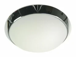 Deckenleuchte rund, Glas Weiß mit Klarrand, Dekorring Chrom, Ø 30cm