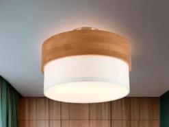 Deckenleuchte SEASONS Holzlampe mit Stoffschirm Weiß, Ø 30cm