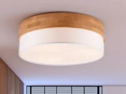 Deckenleuchte SEASONS Holzlampe mit Stoffschirm Weiß, Ø 50cm