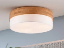 Deckenleuchte SEASONS Holzlampe mit Stoffschirm Weiß, Ø 50cm