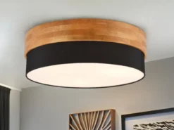 Deckenleuchte SEASONS Holzlampe mit Stoffschirm Schwarz, Ø 50cm