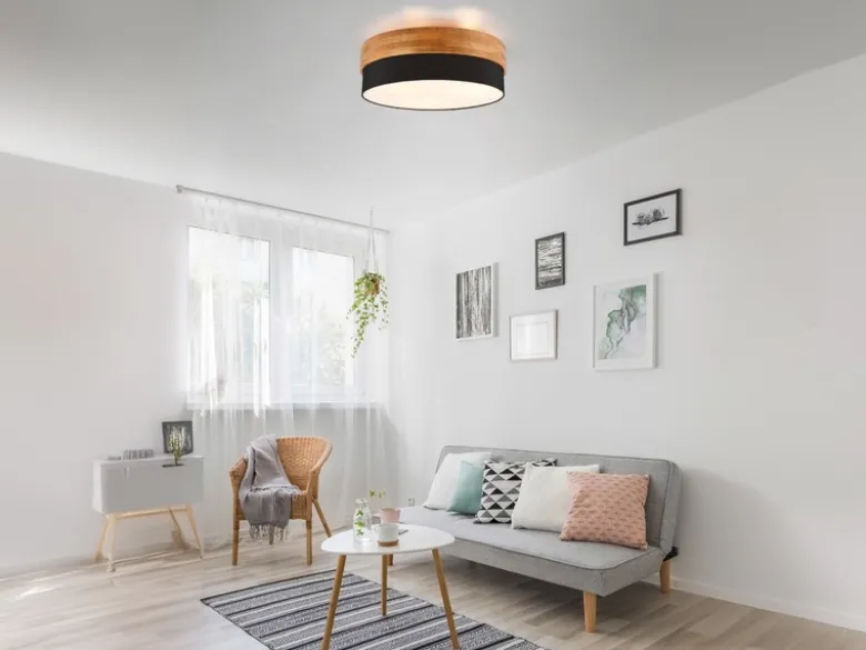 Deckenleuchte SEASONS Holzlampe mit Stoffschirm Schwarz, Ø 50cm
