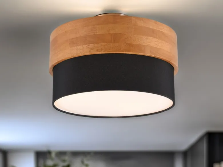 Deckenleuchte SEASONS Holzlampe mit Stoffschirm Schwarz, Ø 30cm