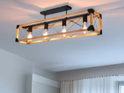 Deckenleuchte TENALI 4-flammig mit Holzbalken Metall Schwarz, Breite 100cm