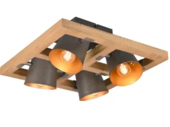 Deckenstrahler BELL 4-flammig Silber antik & Gold mit Holz, Quadrat 39cm