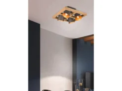 Deckenstrahler BELL 4-flammig Silber antik & Gold mit Holz, Quadrat 39cm