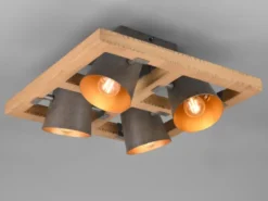 Deckenstrahler BELL 4-flammig Silber antik & Gold mit Holz, Quadrat 39cm