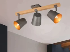 Deckenstrahler BELL 3-flammig Silber antik & Gold mit Holz, Breite 54cm
