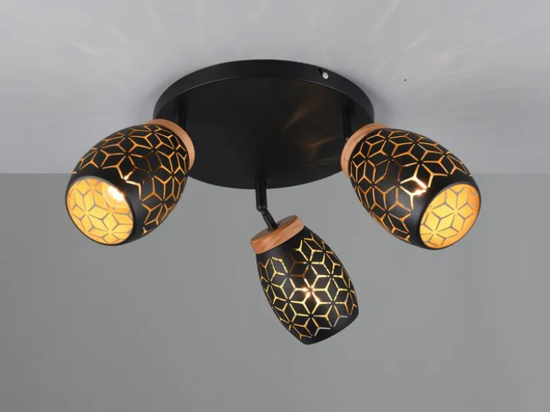 Deckenstrahler BIDAR Schwarz Gold 3-flammig mit Stanzmuster, Ø58cm