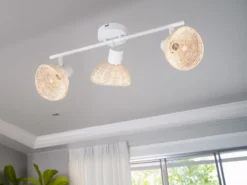Deckenstrahler CALVI 3-flammig Weiß, Lampenschirme Rattan, Breite 59cm