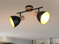Deckenstrahler DELUME 2-flammig aus Metall in Schwarz/Gold & Holzoptik, B: 49cm