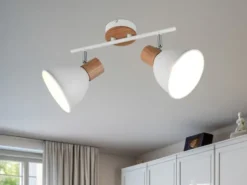 Deckenstrahler DELUME 2-flammig aus Metall in Weiß & Holzoptik, Breite 49cm