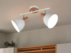 Deckenstrahler DELUME 2-flammig aus Metall in Weiß & Holzoptik, Breite 49cm