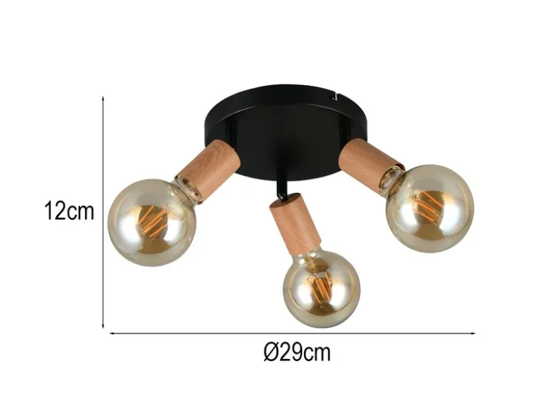 Deckenstrahler LAMEGO 3-flammig rund aus Metall in Schwarz & Holzoptik, Ø 29cm