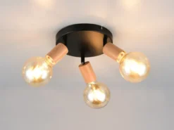 Deckenstrahler LAMEGO 3-flammig rund aus Metall in Schwarz & Holzoptik, Ø 29cm