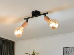 Deckenstrahler LAMEGO 2-flammig aus Metall in Schwarz & Holzoptik, Breite 35cm