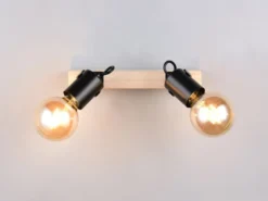Deckenstrahler LYNAR 2-flammig aus Metall Schwarz mit Naturholz, Breite 31cm