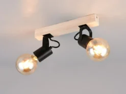 Deckenstrahler LYNAR 2-flammig aus Metall Schwarz mit Naturholz, Breite 31cm
