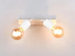 Deckenstrahler LYNAR 2-flammig aus Metall Weiß mit Naturholz, Breite 31cm