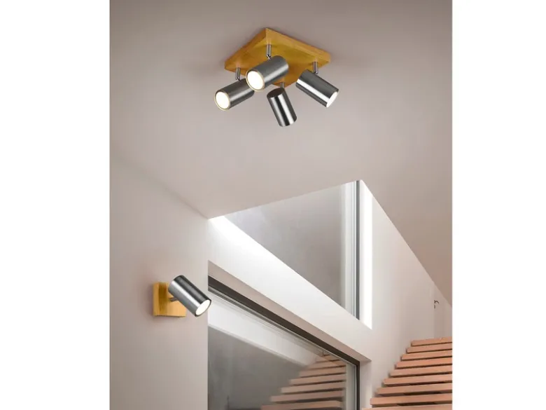 Deckenstrahler MARLEY Silber mit Holz 4-flammig, Quadrat 22cm